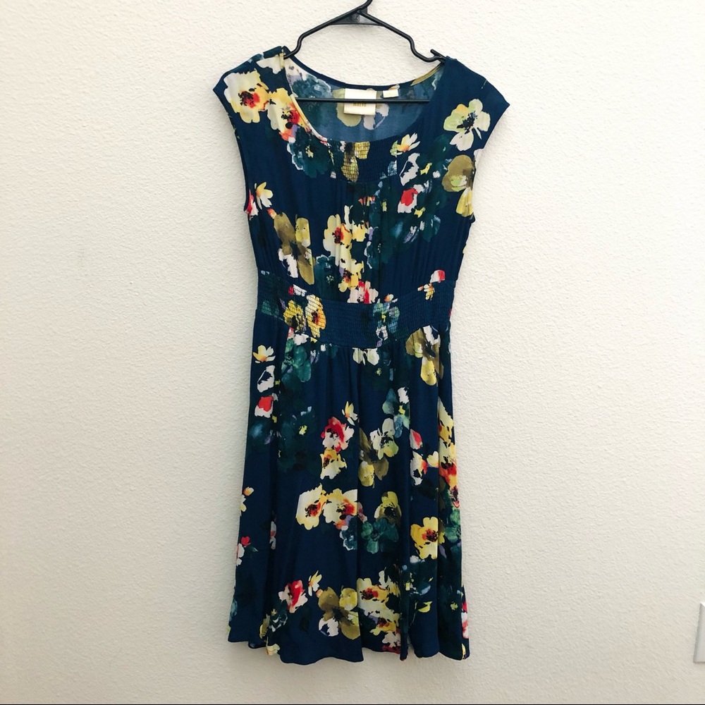 Anthropologie Maeve Floral Smock Waist Dress Blue